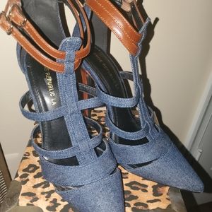 Women's Size 7.5 Dark Denim and Brown faux leather stiletto heels